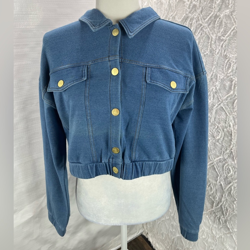 NWT Juicy Couture Faux Cropped Denim Jacket, size L embroidery blingy